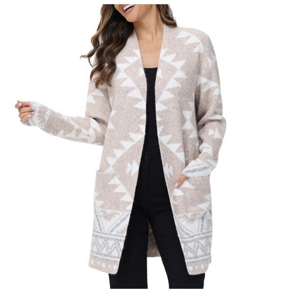 Frye Tan Aztec Open Front Duster Cardigan Sweater Small Western Boho Tribal